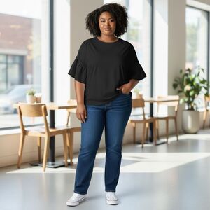 Lane Bryant Women Top Plus Size 18/20 Solid Black Flowy 3/4-Wide Sleeve Boho